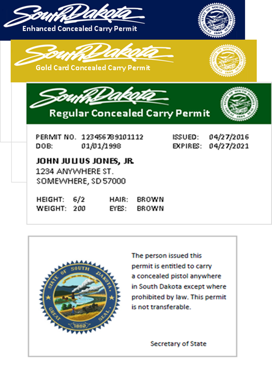 Example showing the front and back of a South Dakota concealed pistol permit card