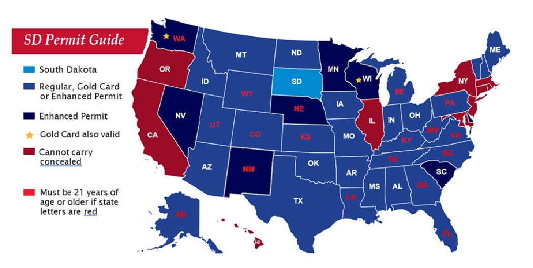 Map summarizing states that recognize South Dakota concealed pistol permits through reciprocity or recognition; use the linked reciprocity grid for a text-based alternative