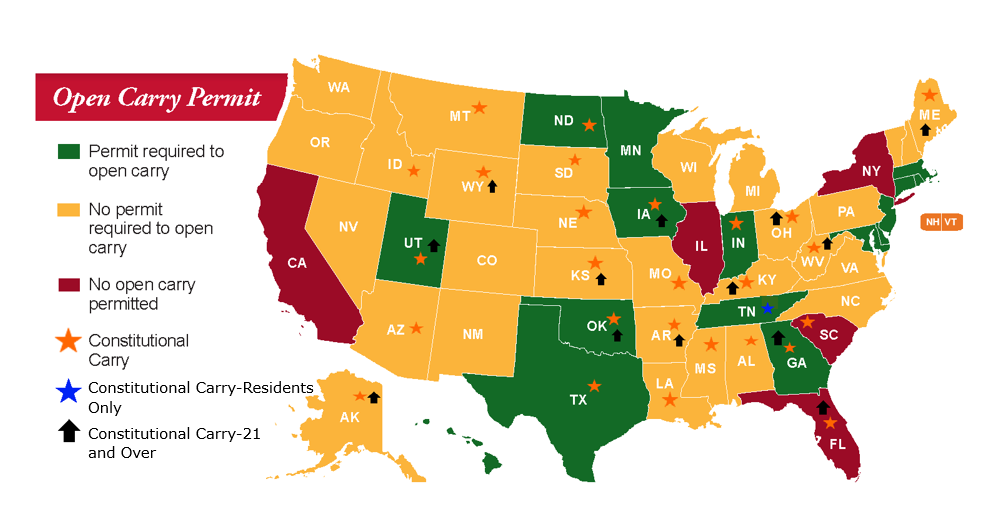 Map summarizing open-carry and constitutional-carry laws by state; contact each state for current legal requirements